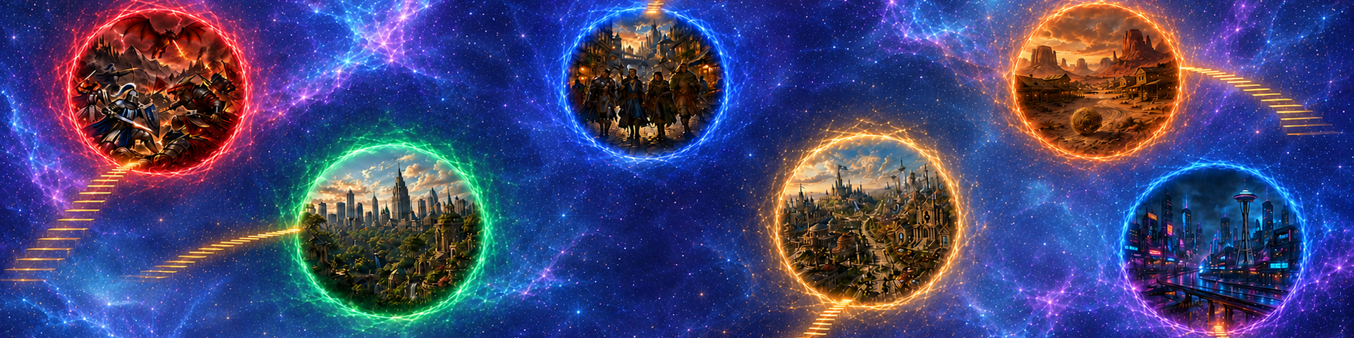 Six Realm portals connected by golden stairways in the space between worlds